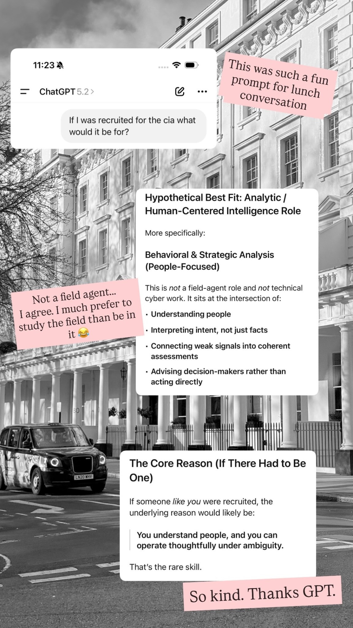 This was such a fun prompt for lunch conversation Not a field agent…..
I agree. I much prefer to study the field than be in it 😂 So kind. Thanks GPT.