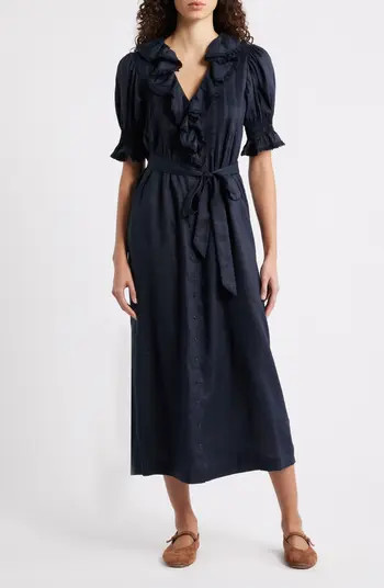 DÔEN Harriette Ruffle Pintuck Puff Sleeve Midi Dress | Nordstrom | Nordstrom