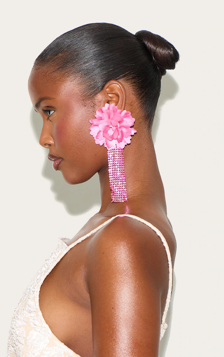Pink Large Floral Chain Tassel Statement Earrings | PrettyLittleThing US