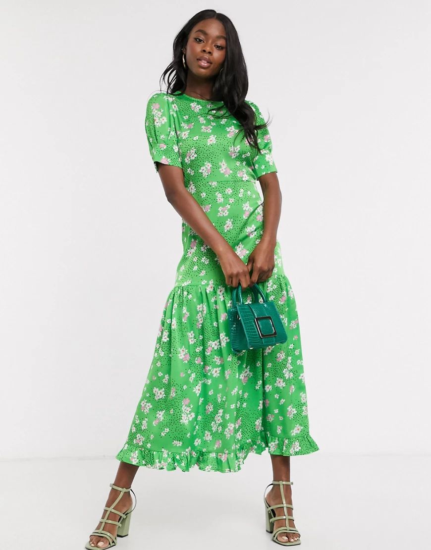 Never Fully Dressed short sleeve tiered ruffle hem maxi dress in green floral | ASOS (Global)