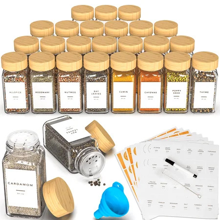 Masadi 24 Pack Glass Spice Jar,Bamboo Lid Glass Spice Jars, Kitchen Spice Storage Jar, Spice Storage Jar,Kitchen Food Storage Tanks,Preprinted Spice Labels,kitchen organizer | Walmart (US)