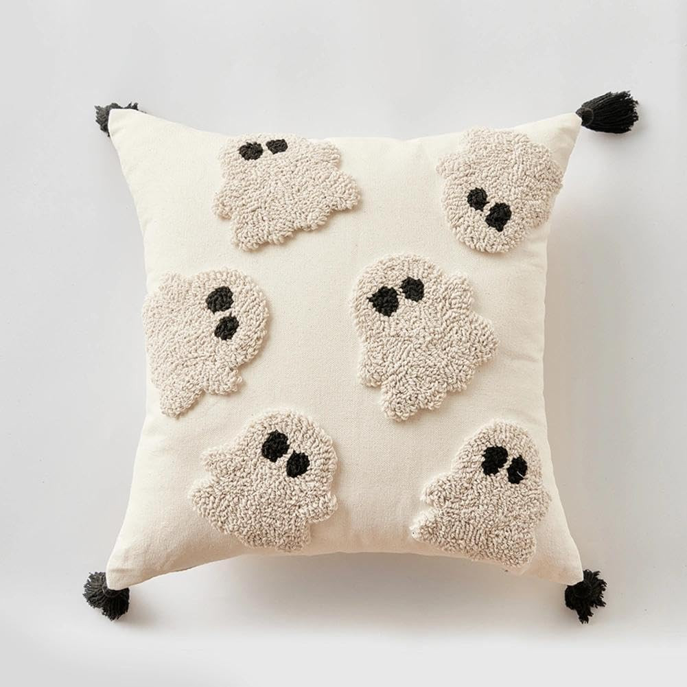 Halloween Ghost Tufted Pillow Cover 18x18 Cream Black Square Decor | Amazon (US)