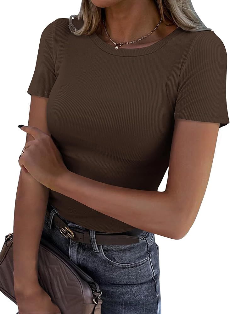 Roselux Women Crew Neck Ribbed Fitted Tight Tshirt Short Sleeve Shirt Basic Knit Top | Amazon (US)