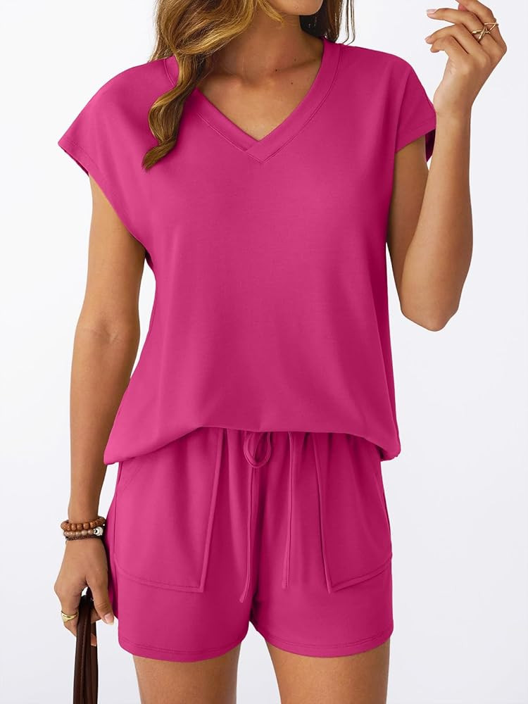 AUTOMET Women 2 Piece V Neck Matching Lounge Sets Clothing Spring Cap Sleeve Shirt and Shorts 202... | Amazon (US)