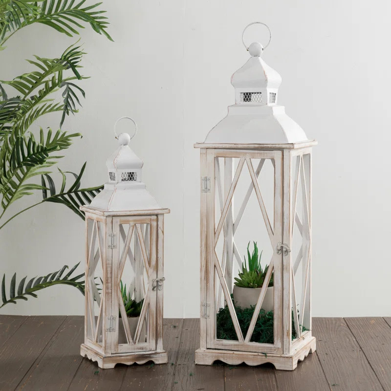 2 Piece Metal and Wood Lantern Set | Wayfair North America