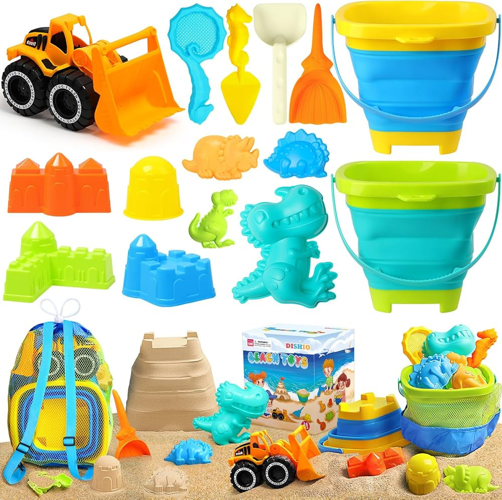 DISHIO Collapsible Beach Sand Toys for Kids Sandbox Beach Toys with Mesh Bag, Collapsible Buckets... | Amazon (US)