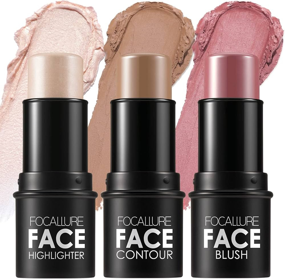FOCALLURE 3 Pcs Cream Contour Sticks,Shades with Highlighter & Bronzer & Blush,Non-greasy and Wat... | Amazon (US)