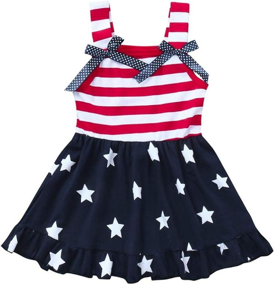 Xfglck Toddler Kids Baby Girls 4th of July Dress Ruffle Stars Stripe Bowknot Skirt Flag Pattern S... | Amazon (US)