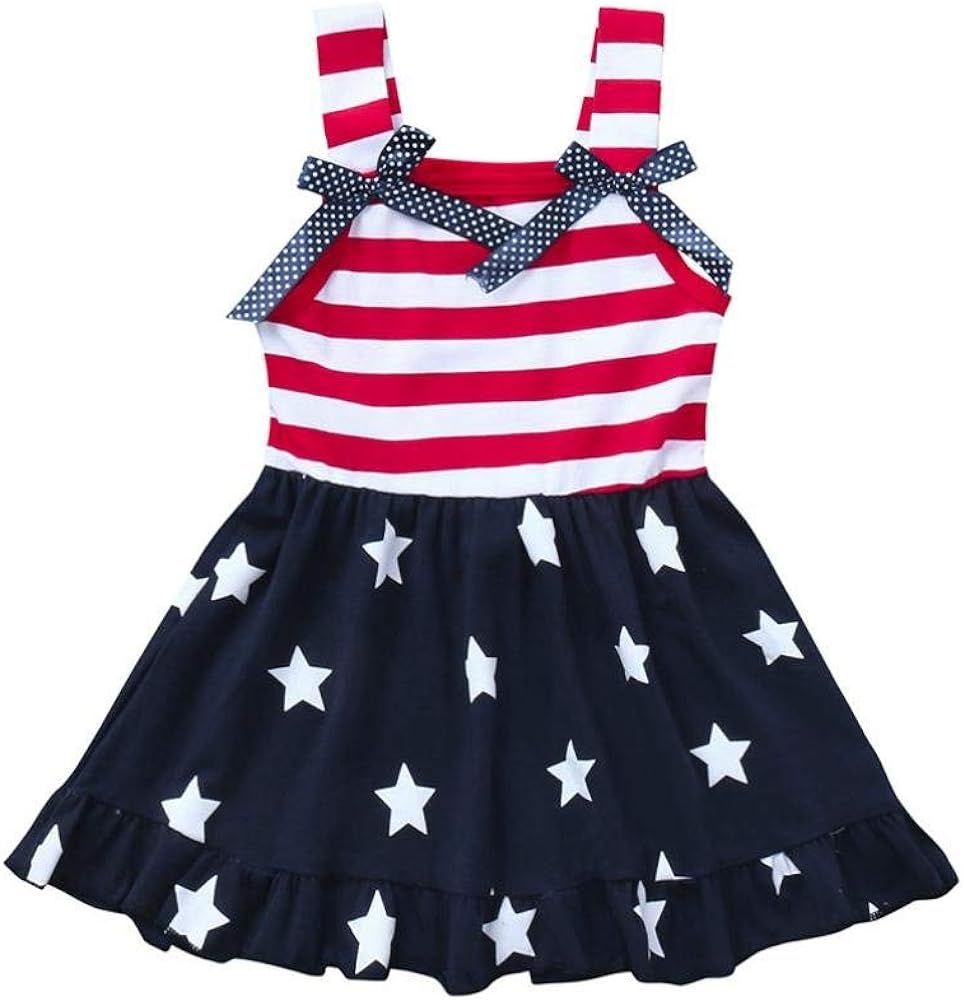 Xfglck Toddler Kids Baby Girls 4th of July Dress Ruffle Stars Stripe Bowknot Skirt Flag Pattern S... | Amazon (US)