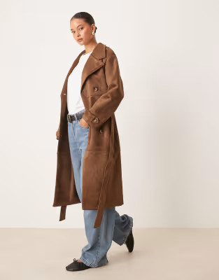 Cotton  On Faux suede trench coat in brown | ASOS (Global)