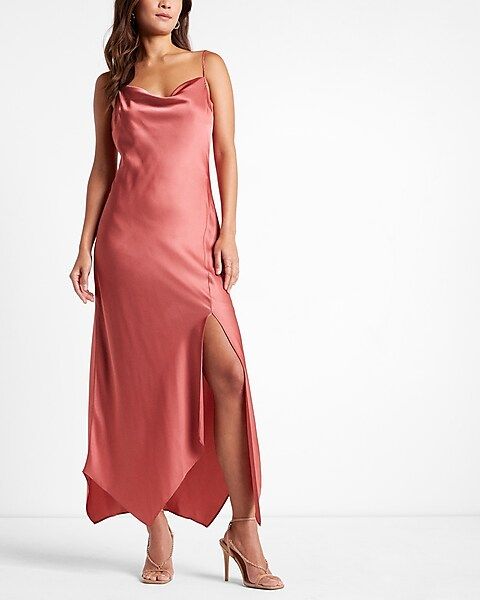 Conscious Edit Satin Cowl Neck Asymmetrical Hem Maxi Slip Dress | Express