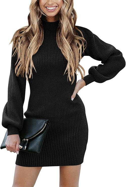 ANRABESS Women Long Sleeve Turtle Mock Neck Rib Knit Stretch Slim Fitted Bodycon Sweater Mini Sho... | Amazon (US)