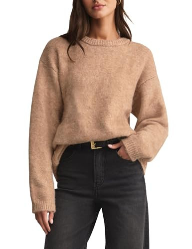 Antnation Womens Soft Fuzzy Knit Sweater Oversized Cozy Pullover Jumper Long Sleeve Casual Crewneck Sweater(Khaki-L) | Amazon (US)
