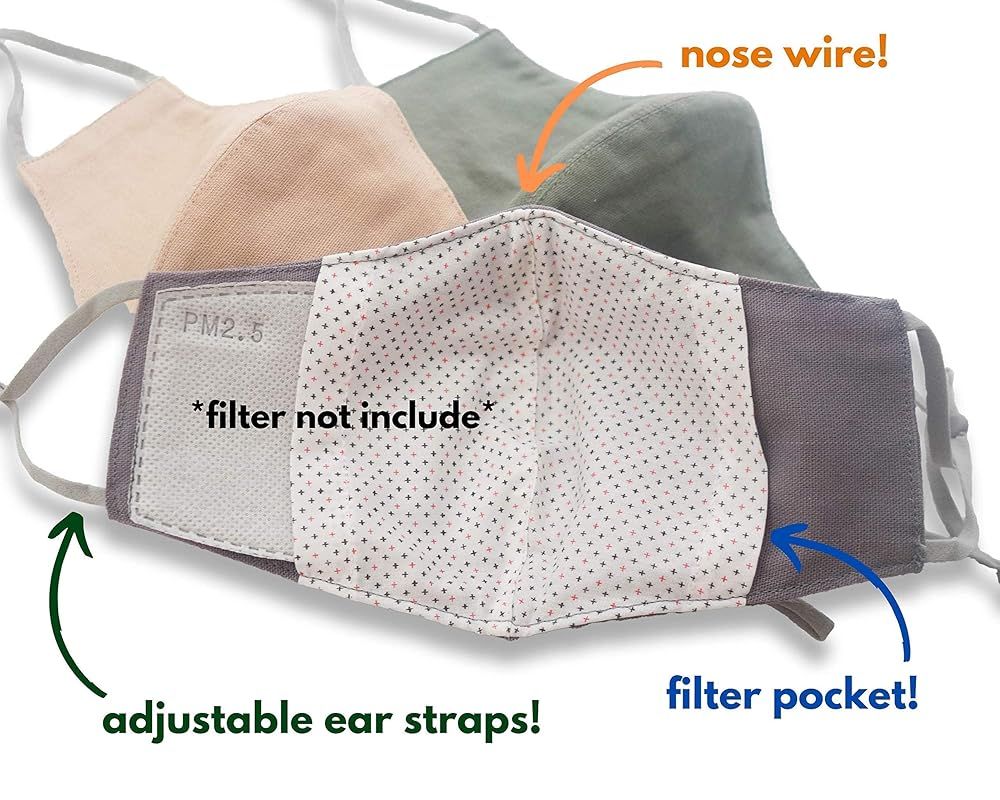 Grey Green Peach Face Masks with nose wire filter pocket adjustable ear loops HANDMADE in USA PAC... | Amazon (US)