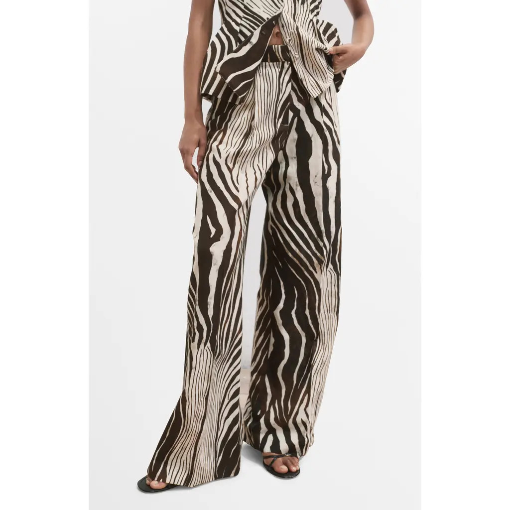 MANGO ZebraPrint Linen & Cotton Straight Leg Pants in Chocolate at Nordstrom Rack, Size 4 | Nordstrom Rack