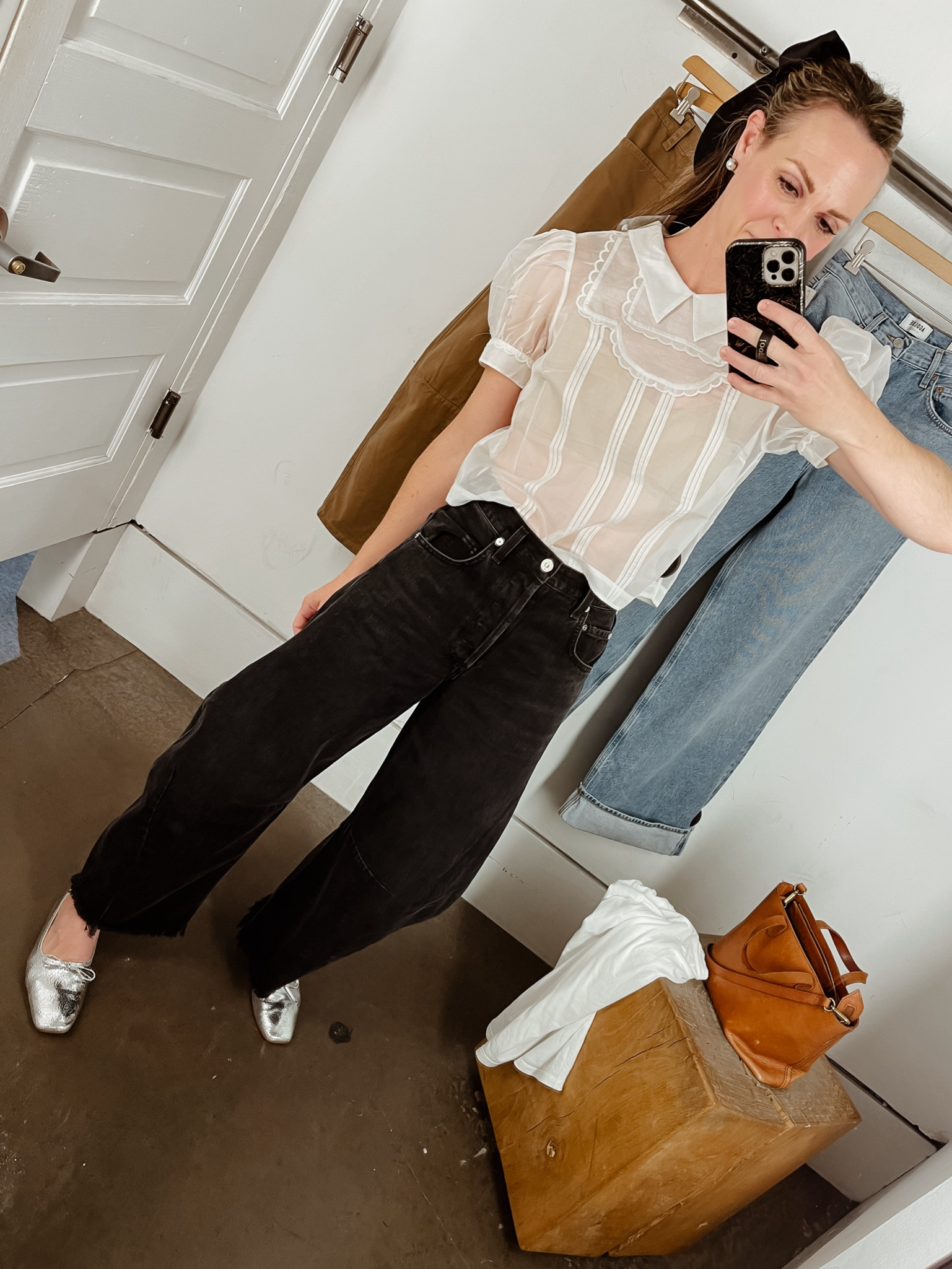 Top is now available online in white -wearing an XS.

Jeans run big -wearing a 24
Flats run TTS 

#LTKfindsunder50 #LTKHoliday #LTKshoecrush