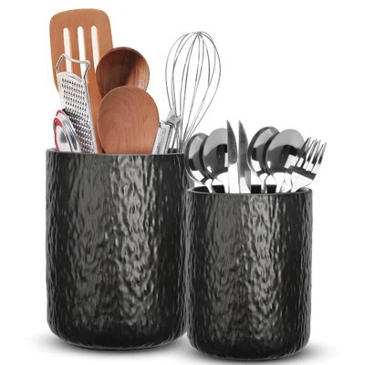 Ceramic Utensil Holder For Kitchen Counter, Black Kitchen Utensil Holder For Countertop, 2 Pcs Cooking Utensil Crocks For Spatula, Spoon, Forks, Plant | Wayfair North America