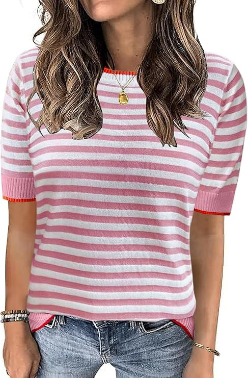 Womens Tops Summer Short Sleeve Shirts Striped Sweater Cute Casual Top Trendy Women Clothing Crew... | Amazon (US)
