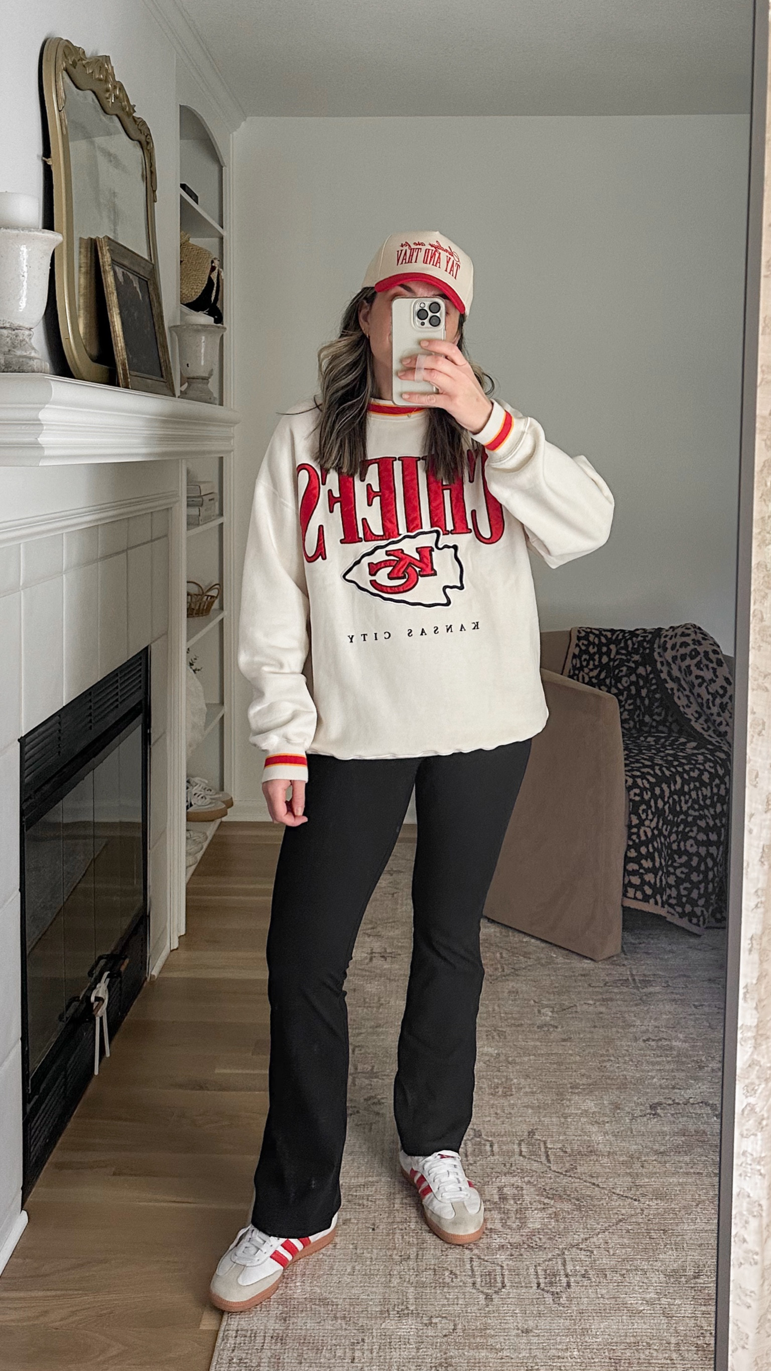 Todays gameday uniform! NFL gear. Chiefs. Kansas City. Mom outfit. Mom
Chic. Casual chic. Weekend outfit. Sunday outfit. Fall outfit. Red outfit. Sweatshirt. Flare leggings. Trucker hat 

#LTKActive #LTKMidsize #LTKFindsUnder100