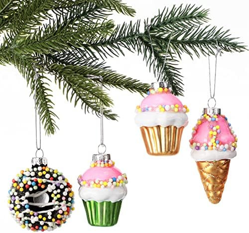 4 Pieces Christmas Desert Glass Blown Ornaments Christmas Cupcake Ice-Cream Donut Glass Ornaments... | Amazon (US)