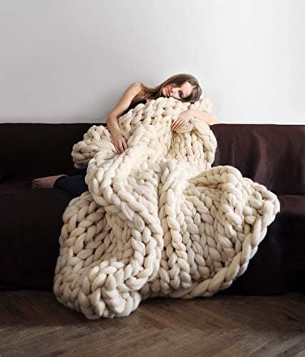 Knit Chunky Blanket Giant Throw Merino Wool Yarn Hand Made Bed Sofa Chair Mat(Beige 32"x40") | Amazon (US)