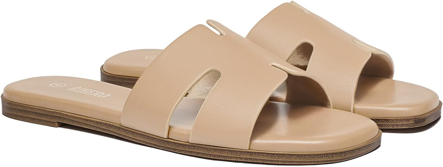Rihero Women's Dressy Flat Sandals Comfortable Slip On Leather Slide Sandals | Amazon (US)