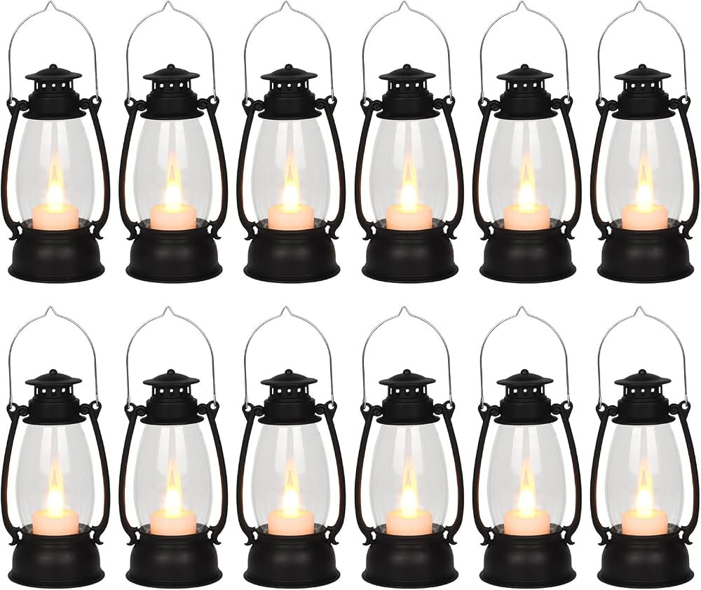12Pcs Mini Lantern with Flickering LED Candle, Black 6" Hanging Candle Lantern, Table Centerpiece... | Amazon (US)