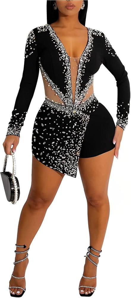 ENOPINK Women's Sexy Sequin Rhinestone Bodycon Wrap Jumpsuits Mesh See Through Long Sleeve Shorts... | Amazon (US)