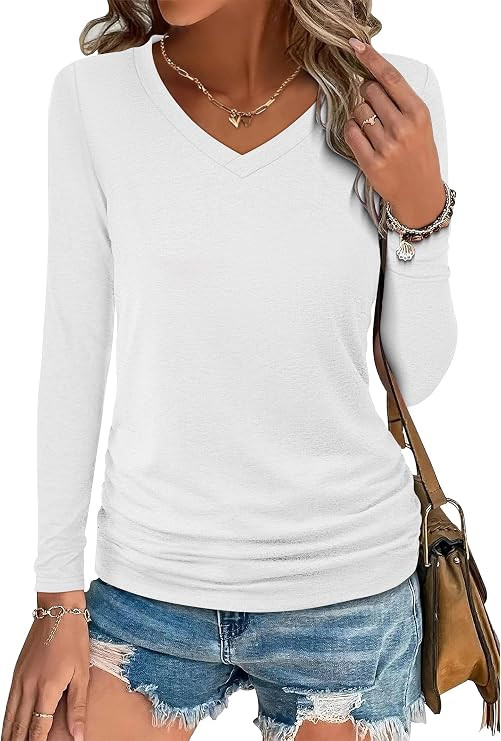 ANRABESS Long Sleeve Shirts for Women V Neck Tops | Ruched Hem T-Shirts，Soft Cute Fall Outfits... | Amazon (US)