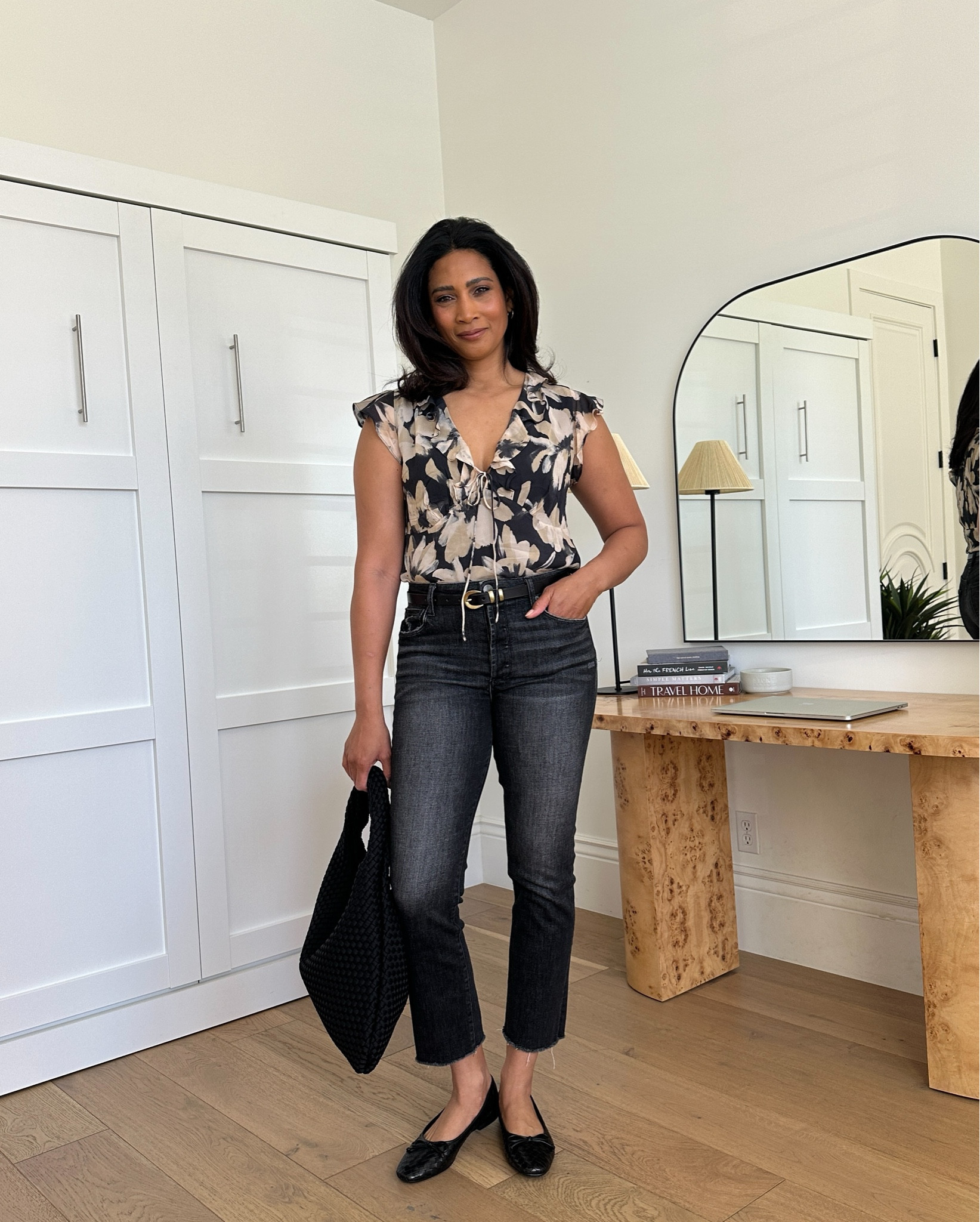 Spring Must Haves - Floral Tops are so on trend for the spring season!! Love this elegant and feminine one with the dark floral print!! Wear tucked in or out and pair with comfy ballet flats for an easy date night look!! All fit true to size. #everevestyle #everevepartner @evereveofficial

#tops #blouses #springtop #balletflats #handbags 

#LTKStyleTip #LTKOver40