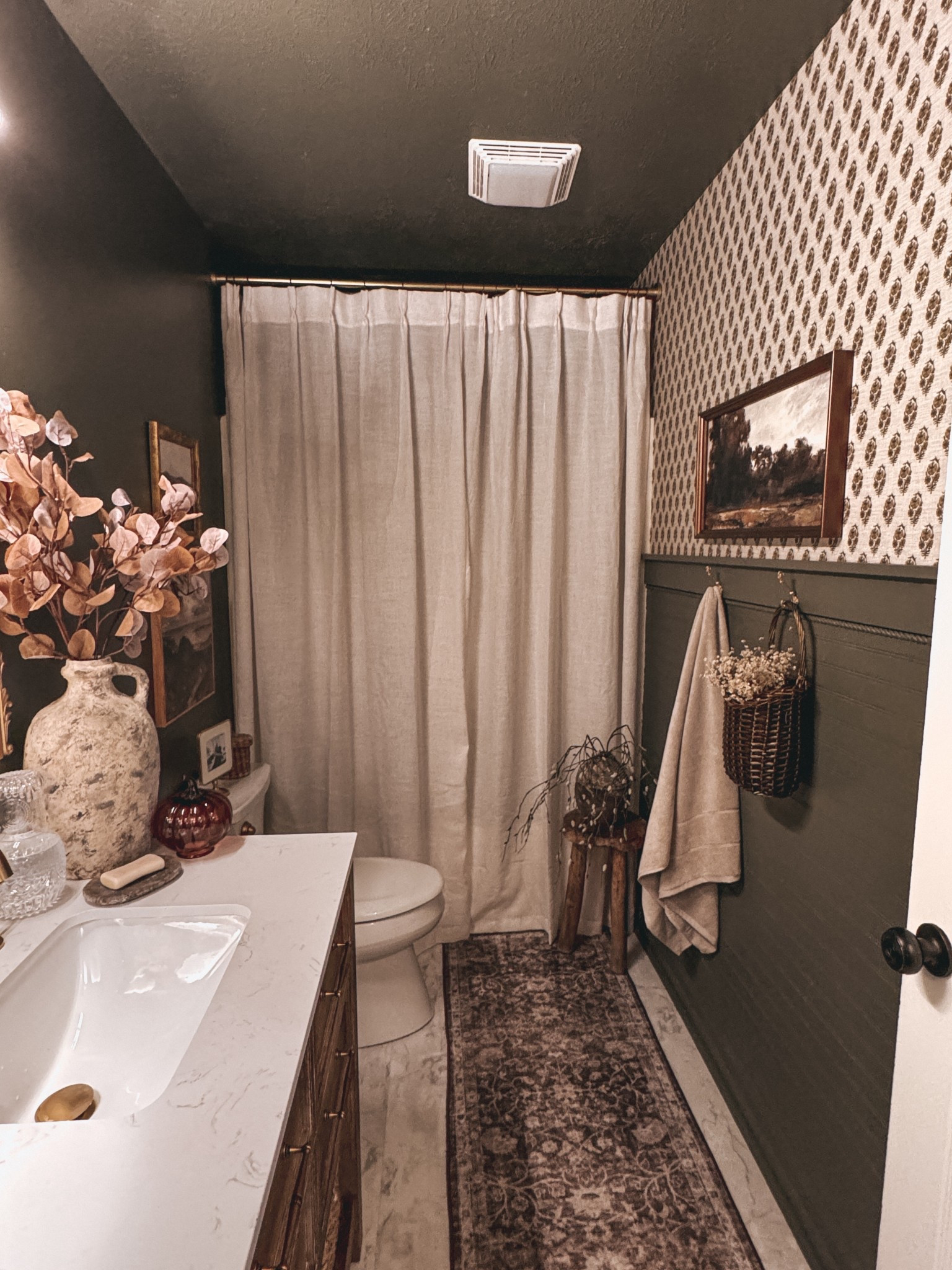 organic modern bathroom, fall decor, wallpaper, target, Amazon, beadboard, accent wall, olive green, brown, fall, target find, Amazon find, bathroom decorr

#LTKautumn #LTKSeasonal #LTKFindsUnder50