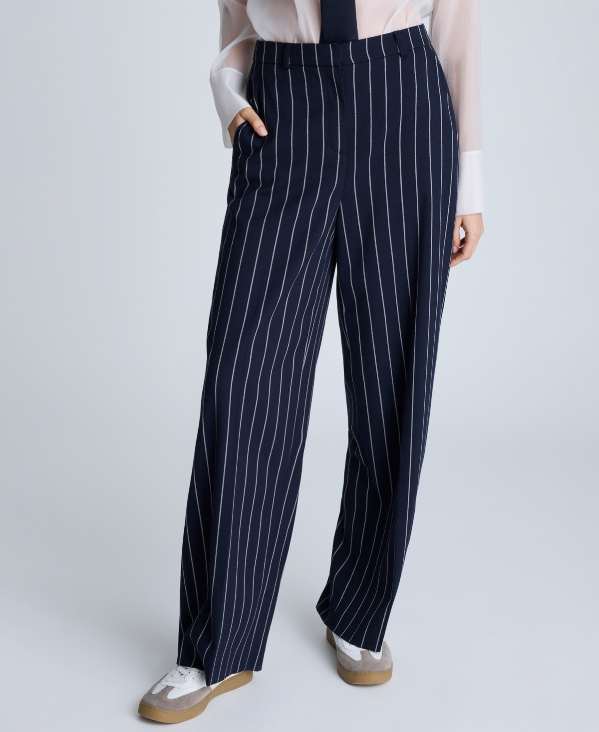 Kenneth Cole Women's Pinstriped Wide-Leg Pants - Dark Navy/Pure White | Macy's