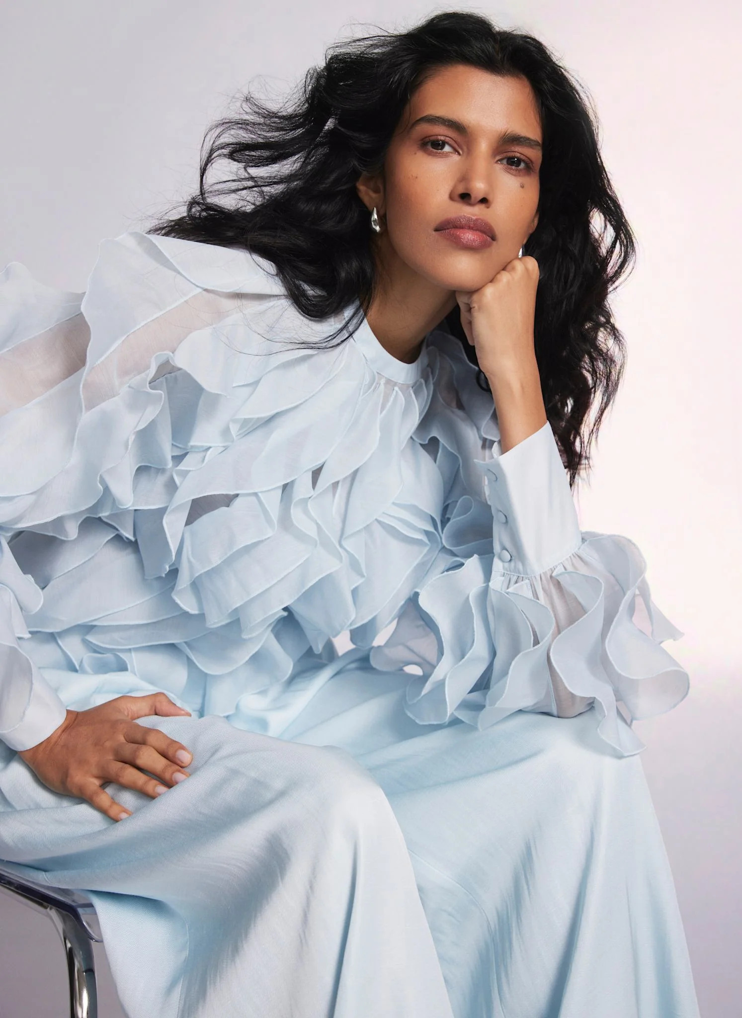 Blue Organza Ruffle Blouse | Mint Velvet