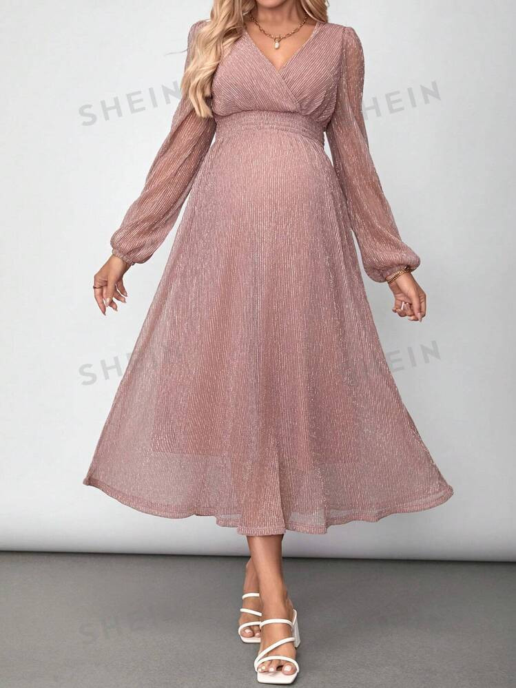 SHEIN Maternity Shiny Puff Sleeve Waist Cinched Dress | SHEIN