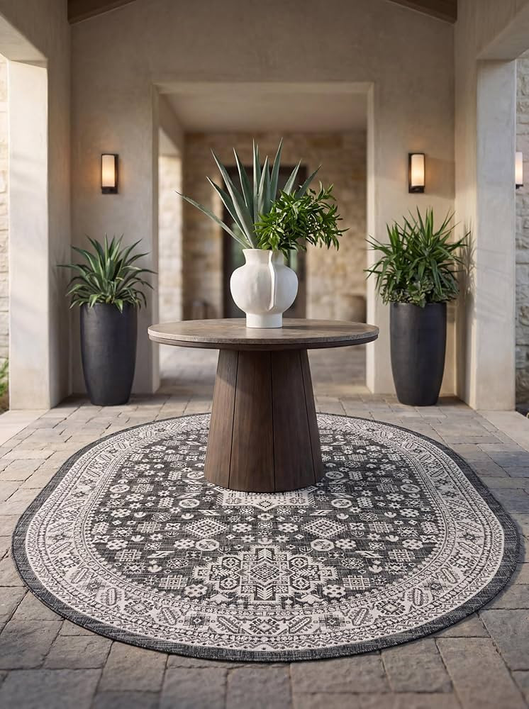 Rugs.com Outdoor Aztec Collection Rug – 5' x 8' Oval Charcoal Gray Flatweave Rug Perfect for Li... | Amazon (US)