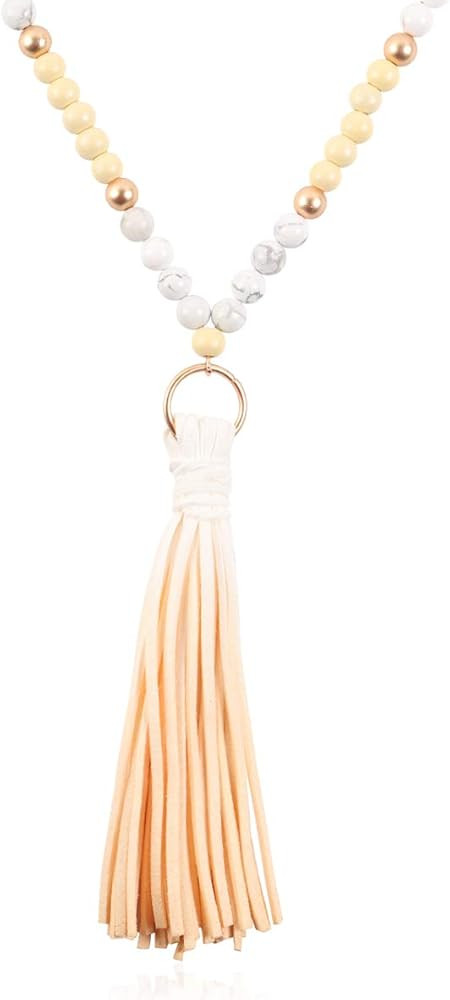 RIAH FASHION Bohemian Tassel Pendant Long Statement Necklace - Faux Suede Leather Fringe, Lace Ch... | Amazon (US)
