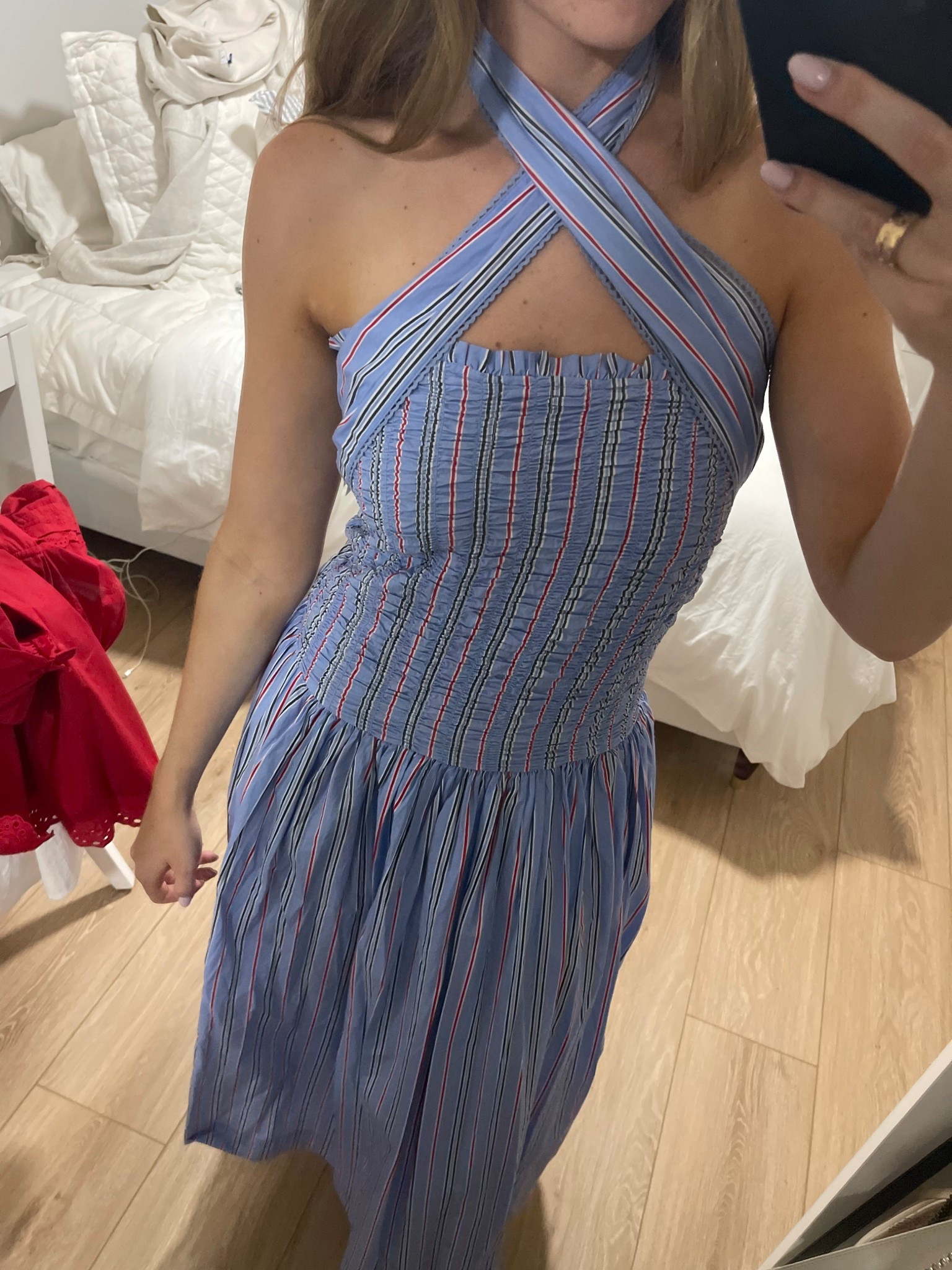 Tie around neck or bow in front ! Blue striped dress!