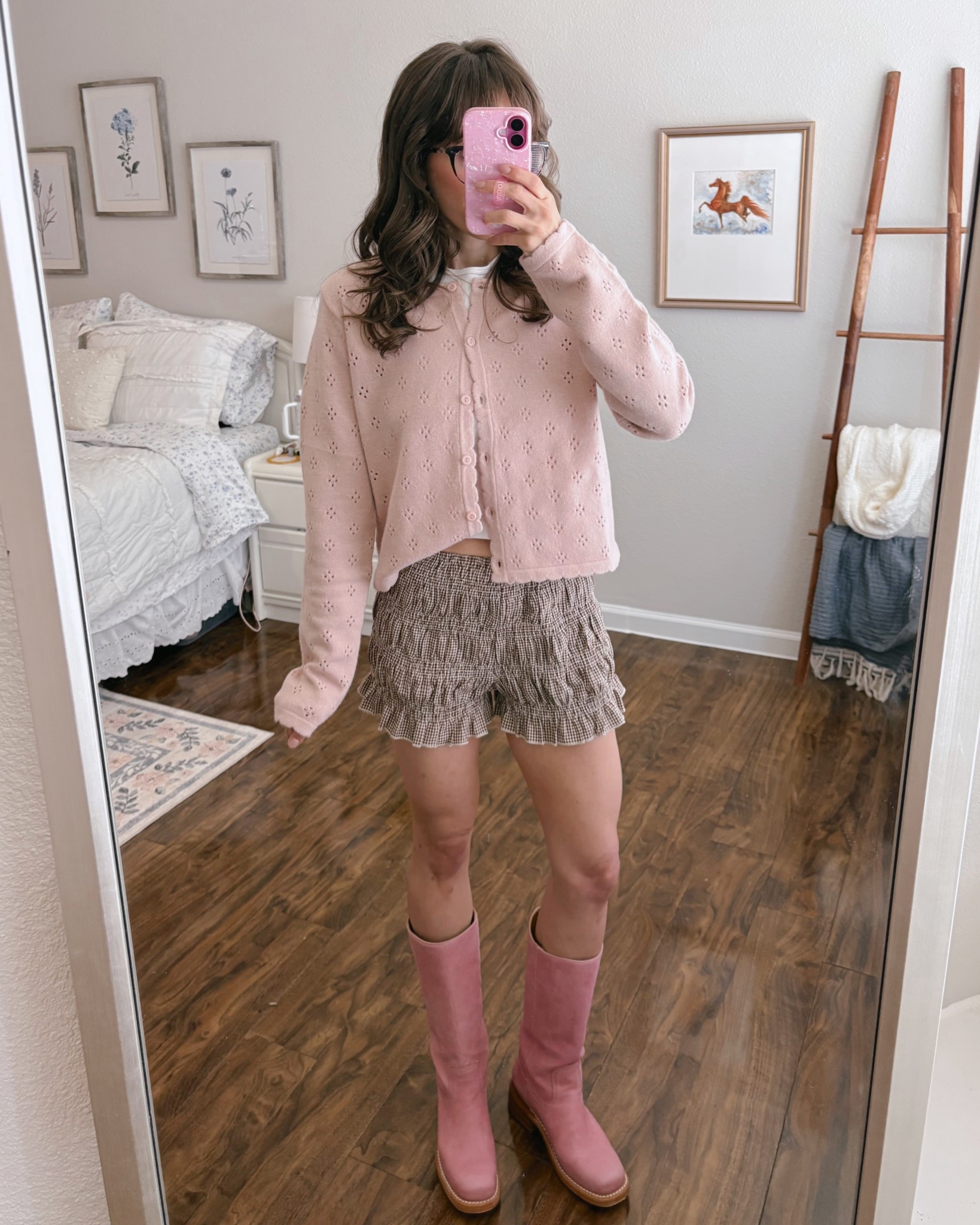 Pink cardigan, pink pointelle cardigan, brown gingham shorts, brown gingham bloomer shorts, pink Frye boots, pink Frye campus boots

#LTKShoeCrush #LTKFindsUnder100 #LTKSeasonal