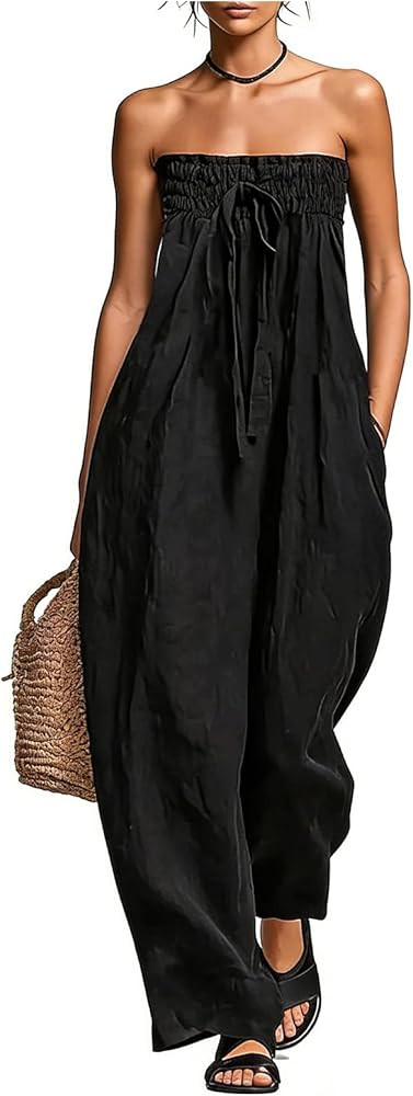 Women Linen Blend Strapless Jumpsuit Loose Fit Tie Closure Sleeveless Summer Vacation Outfit Beac... | Amazon (US)