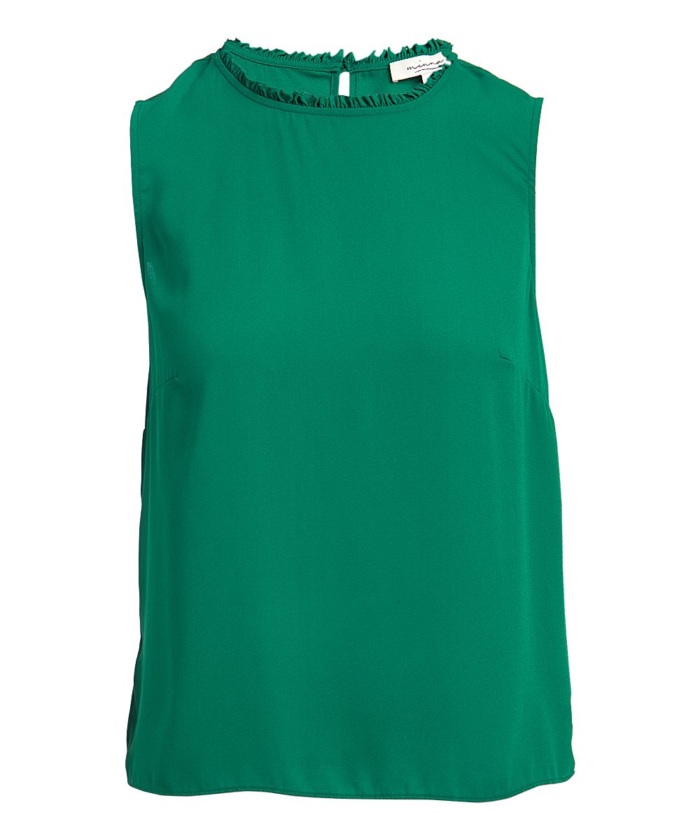 Minna Women's Blouses Forest - Forest Green Ruffle-Neck Sleeveless Top - Women & Plus | Zulily