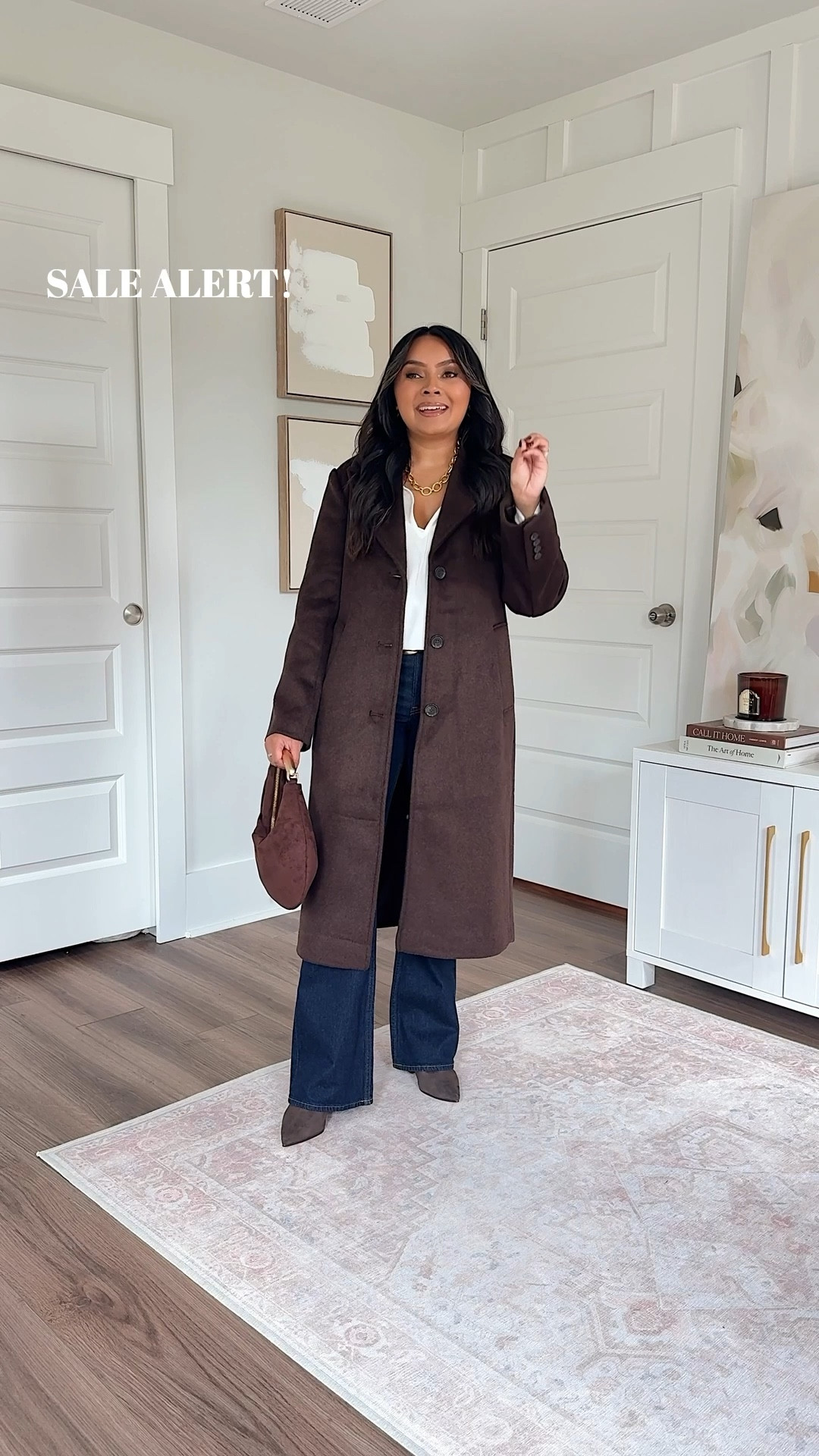 STACKABLE CODE: code AFLTK for 25% off on top of their current sale!
Brown dark coffee coat size xs petite TTS
White cream long sleeve top size xxs TTS
Mid rise bootcut jean in dark rinse color size 26 short TTS
Brown and gold belt size xs TTS - I use the last hole on this belt so size up if you want more room!
Dark brown boots size 5.5 TTS
#LTKFallSale 

#LTKPetite #LTKSaleAlert