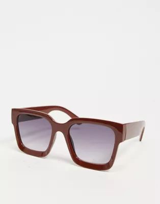 ASOS DESIGN recycled frame chunky bevelled square sunglasses in shiny brown | ASOS (Global)