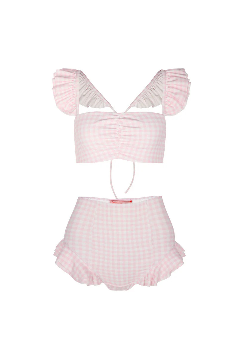 The Pink Gingham Ruffle Bikini Top | Selkie Collection
