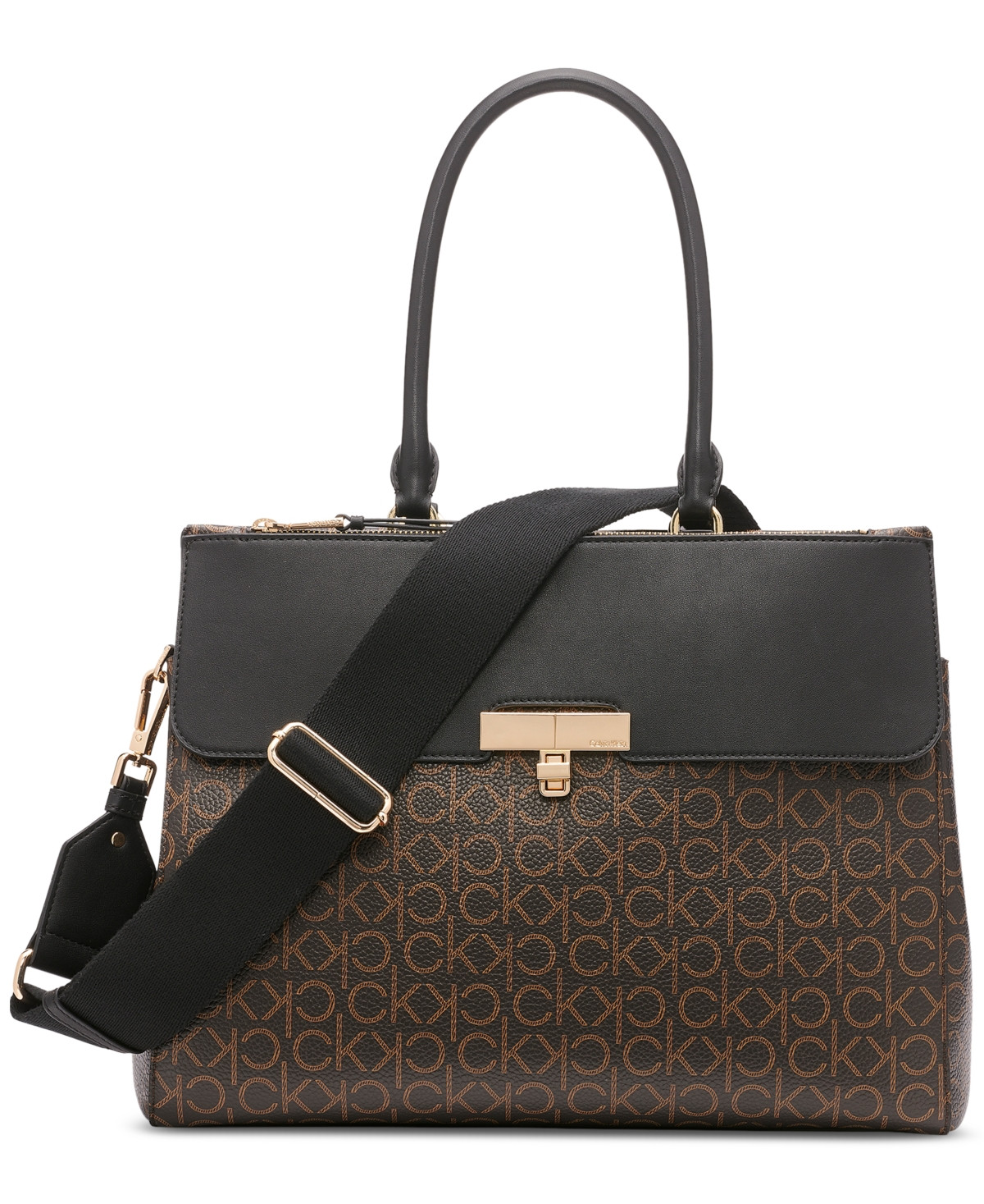 Calvin Klein Becky Signature Triple Compartment Turnlock Convertible Tote - Brown Khaki/Black | Macy's
