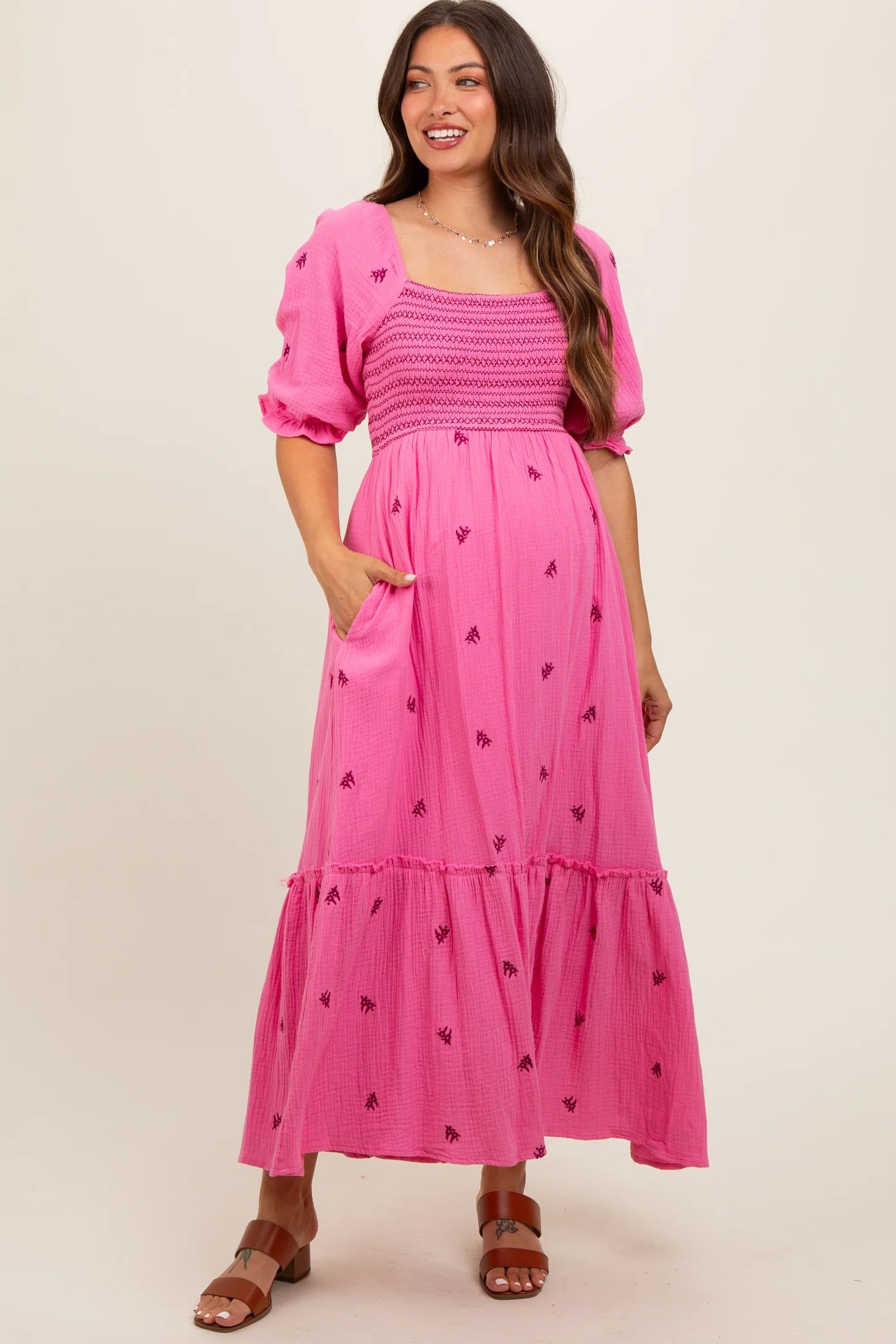Pink Gauze Smocked Embroidered Square Neck Maternity Midi Dress | PinkBlush Maternity