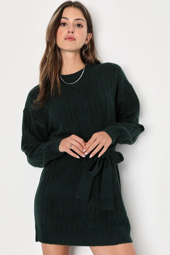 Wishing on Winter Emerald Green Cable Knit Mini Sweater Dress | Lulus