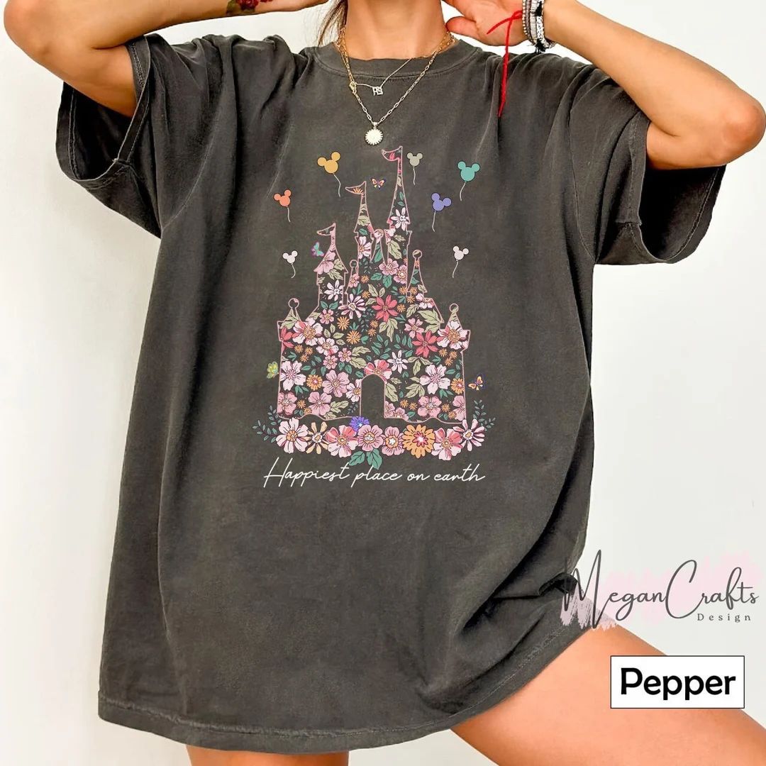 Disney Castle Floral Comfort Colors Shirt, Vintage Disney Shirt, Happiest Place on Earth Sweatshi... | Etsy (US)