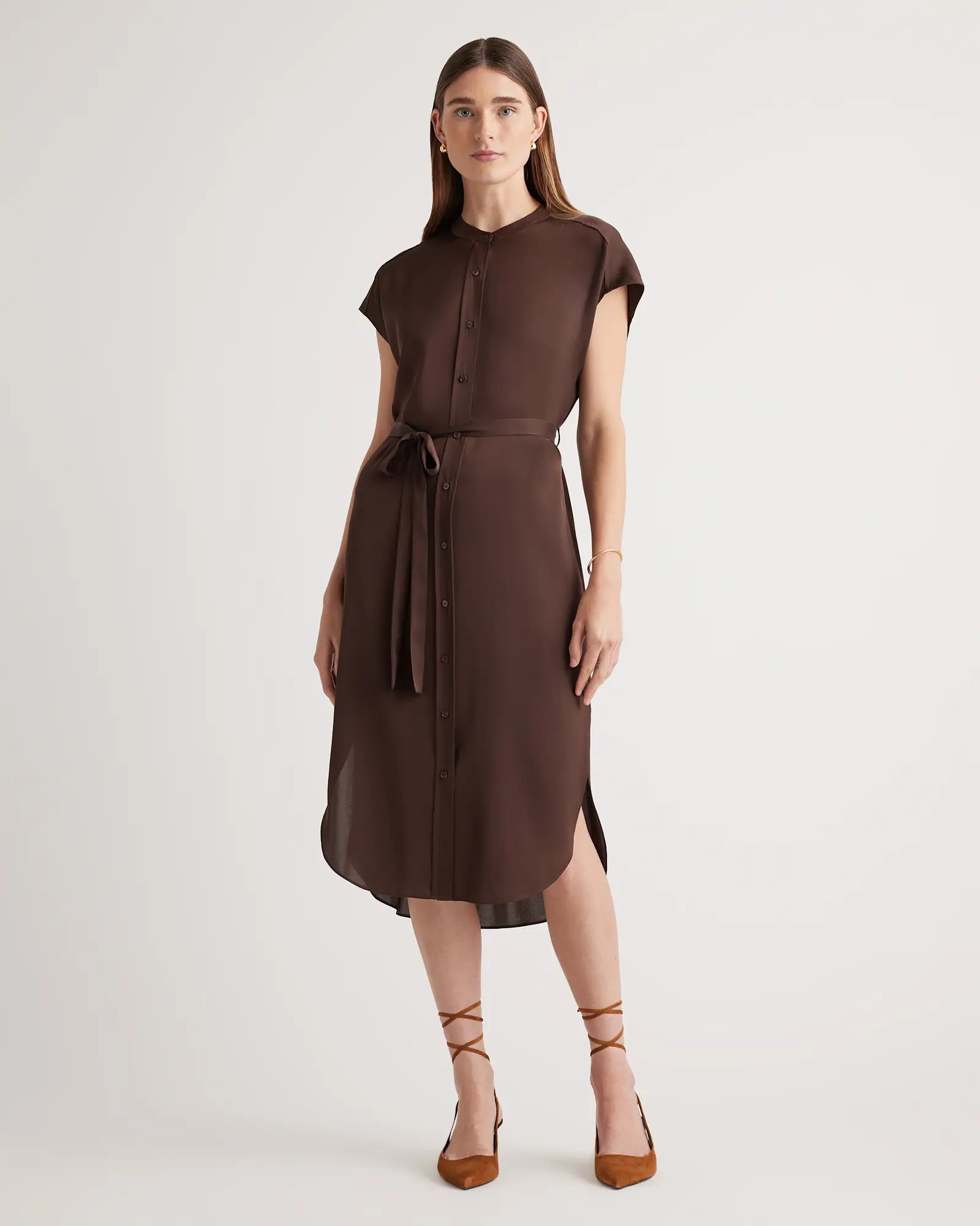 Washable Stretch Silk Midi Shirt Dress in Hot Fudge | Quince
