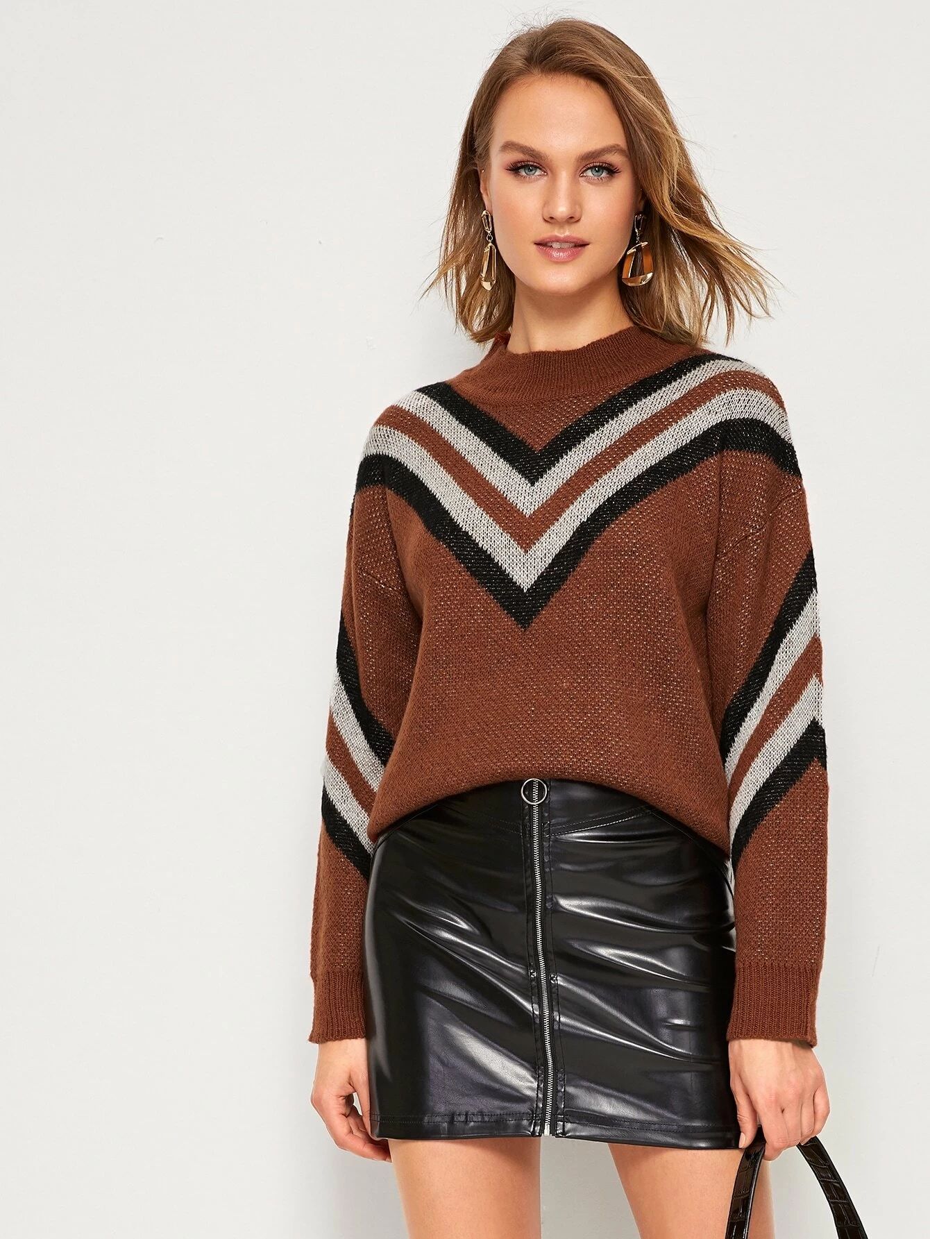 Chevron Print Funnel Neck Drop Shoulder Sweater | SHEIN