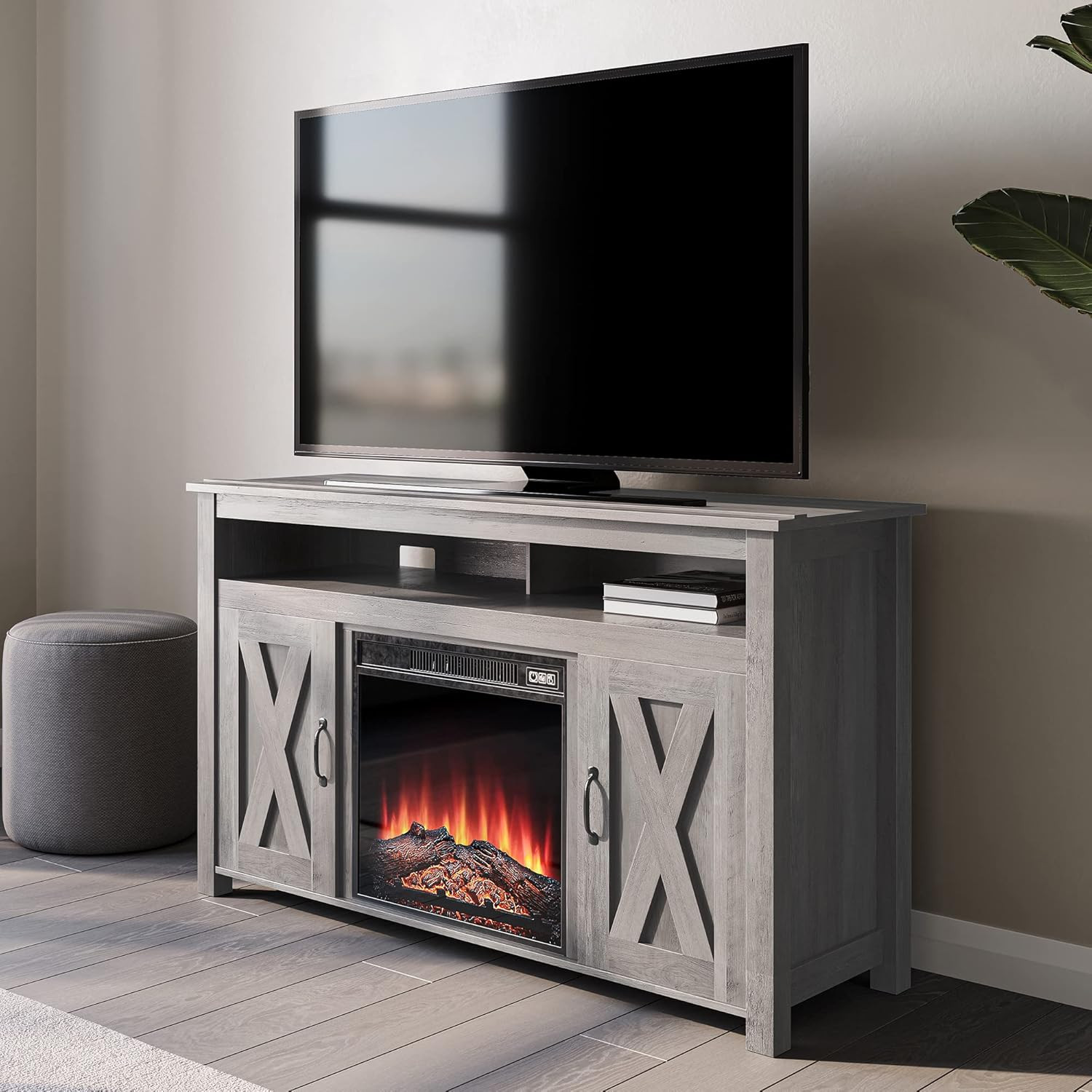 BELLEZE Barn Door Wood Electric Fireplace TV Stand & Media Entertainment Center Console Table for... | Amazon (US)